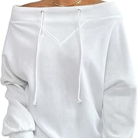 Brand New Trendy White Women's Off the Shoulder Sweatshirt NWT - Picture 2 of 4